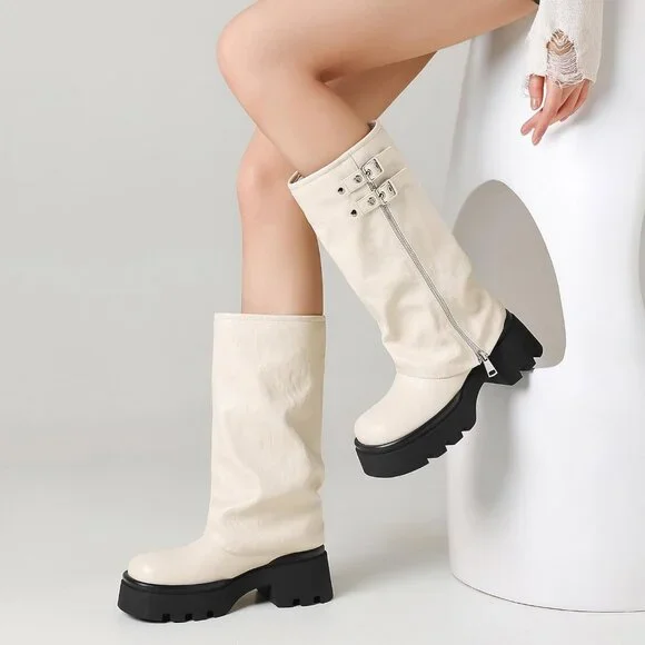 Women's White Chunky Slouchy Fold Over Wide Calf Fashion Buckle Knee High Boots - Picture 3 of 5